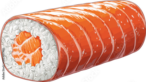 A close-up illustration of a sushi roll with salmon, rice and nori seaweed wrapper