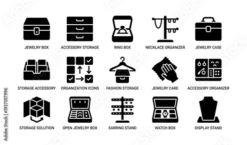 Jewelry storage icons set: boxes, organizers, stands, care items