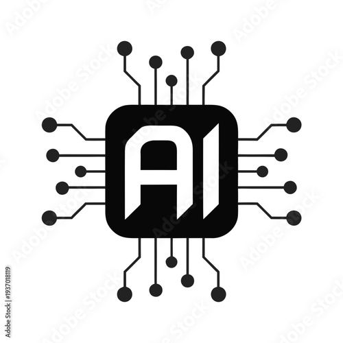 A stylized black microchip with rounded corners, radiating circuit lines that end in circular nodes. At its center, the bold white letters “AI” stand out, symbolizing artificial intelligence.