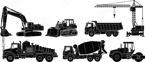 Heavy Construction Machinery Silhouette Set Featuring Excavator Bulldozer Dump Truck Crane Concrete Mixer and Road Roller Vector Icons for Industrial Building Site Equipment Design