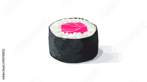 A stylized illustration features a single piece of maki sushi, resting on a white surface with a shadow