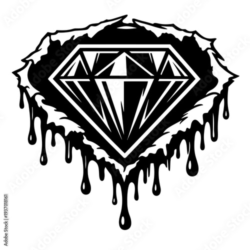 Dynamic Vector Art: Brilliant Cut Diamond Design Breaking Through Ripped, Torn Background, Enhanced with Stylized Black Dripping Liquid Effect. Perfect for Edgy Apparel, Urban Streetwear, Hip-Hop Grap