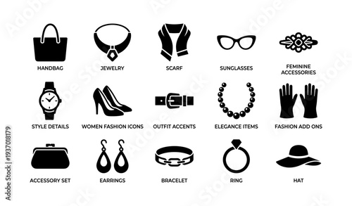 Stylish female fashion icons collection featuring accessories and apparel elements