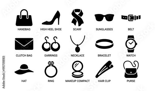 Collection of fashion accessories: handbag, high heel shoe, scarf, sunglasses, and more icons