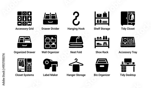 Home organization icons: storage solutions including shelf, closet, drawer, and shoe rack designs