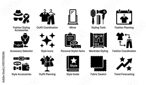 Fashion styling and coordination icons for outfit and wardrobe planning