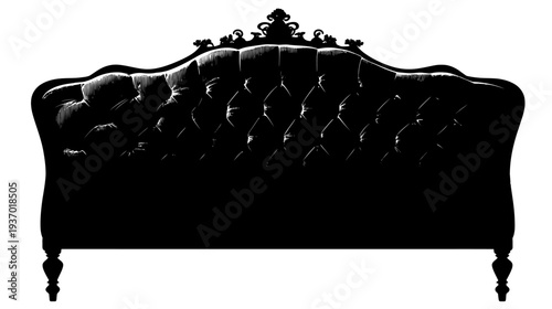 A black, ornate tufted headboard with intricate details and decorative elements on a white background