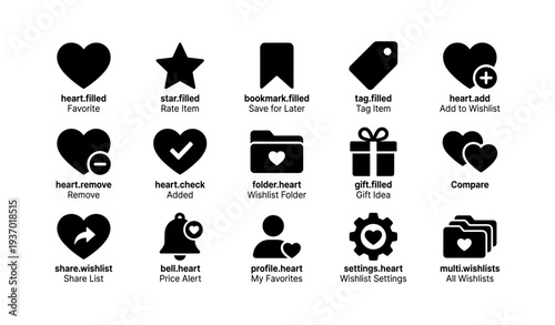 Set of favorite and wishlist icon designs for app interfaces