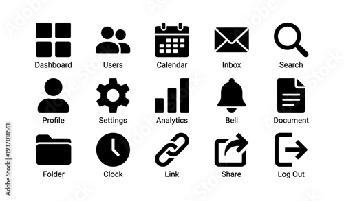 Collection of black dashboard icons for web and app interfaces