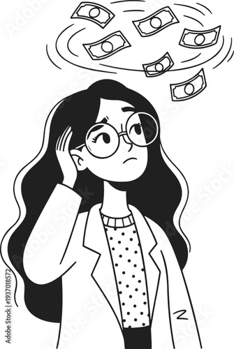 Worried young woman thinking about money problems in a vector outline illustration