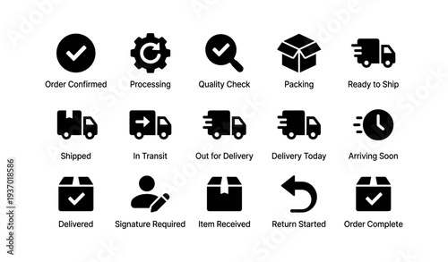 Shipping and delivery process icons for order management