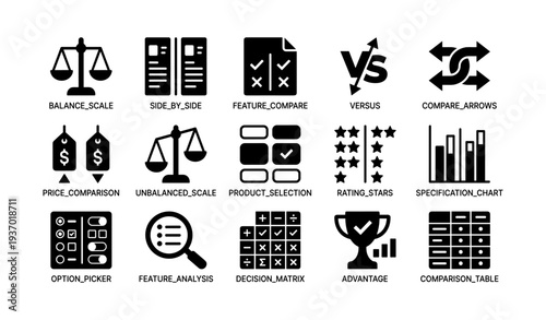 Comparison icons set: scales, arrows, stars, and tables for product analysis