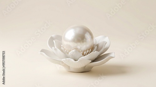 Elegant white pearl gleaming gracefully within a delicate ceramic lotus blossom, symbolizing purity, wisdom, and timeless natural beauty