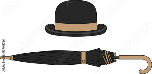 Classic gentleman accessories vector illustration featuring a black bowler hat with tan band and a matching folded long umbrella isolated on white background.