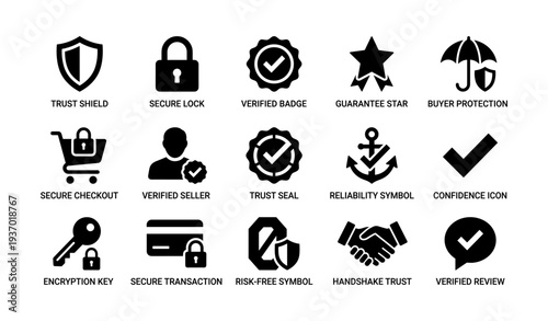 Trust icons collection: security, verification, protection, guarantee symbols