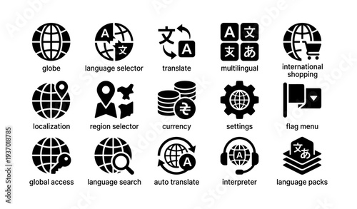Language and globalization icons: translation, currency, shopping, and navigation