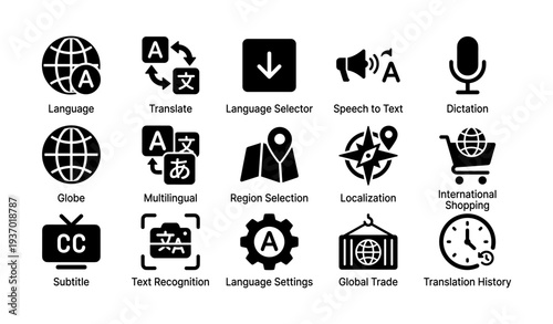 Language and translation icons: global communication, localization, multilingual tools