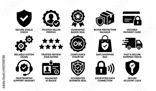 E-commerce security icons: secure shopping, trusted seller, buyer protection, encrypted data, secure payment
