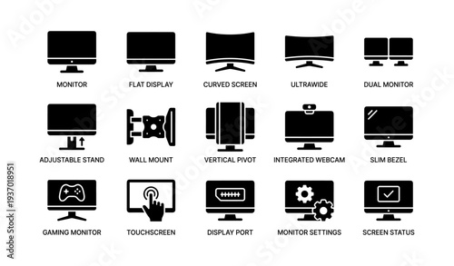 Various monitor icons featuring display types and accessories on white background