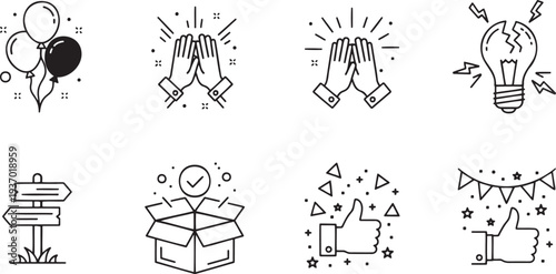 Celebration and positive icons, including balloons, clapping hands, light bulb, and thumbs up