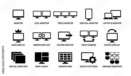 Computer display configurations: icons for monitors, layouts, and settings