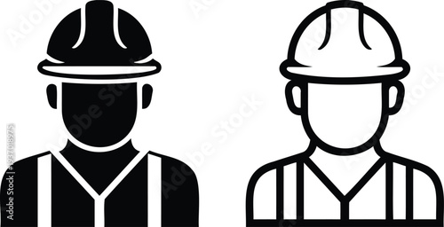 Construction Worker or Engineer Avatar Icon Set in Solid and Outline Style