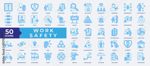 Work safety icon set blue style with hazard, compliance, prevention, inspection, regulation, warning, evacuation, protection, equipment, report, risk, communication, training, first aid, and chemical.