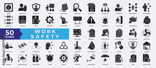 Work safety icon set solid with hazard, compliance, prevention, inspection, regulation, warning, evacuation, protection, equipment, report, risk, communication, training, first aid, and chemical.