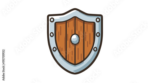 A cartoon shield illustration, featuring wooden panels with silver trim and rivets, and a center sphere