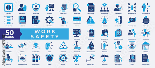 Work safety icon set flat blue style with hazard, compliance, prevention, inspection, regulation, warning, protection, equipment, report, risk, communication, training, first aid, and chemical.