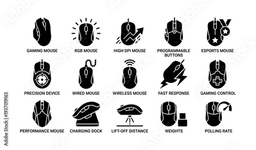 Icons of gaming mice features: rgb, dpi, wireless, programmable buttons