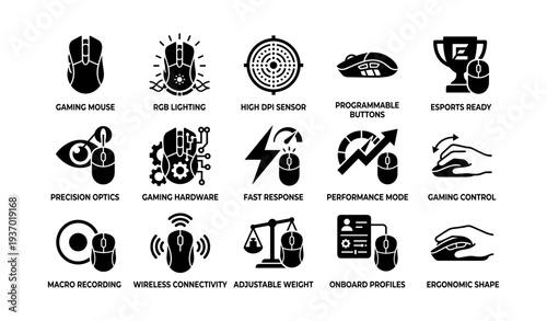 Gaming mouse features icons: rgb lighting, high dpi sensor, programmable buttons, esports ready