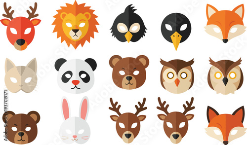 Large collection of flat vector animal masks including lion bear panda fox owl and deer isolated on white background for kids party or education.