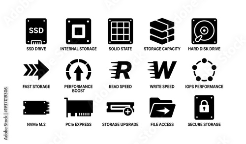 Storage technology icons: ssd, internal storage, nvme, secure file access, performance boost