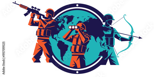 Global conflict depicted with soldiers weaponry and a world map backdrop