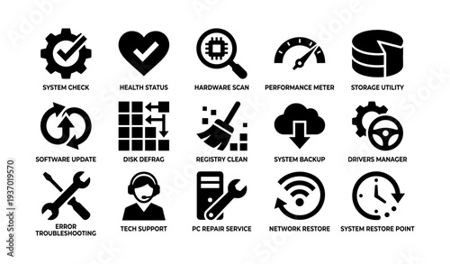 Computer system maintenance icons set with health status and backup options