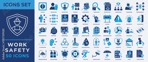 Work safety icon set. Containing hazard, risk management, first aid, protection,  training, compliance, regulation, equipment, rescue and more. Flat blue vector icons collection