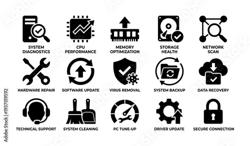 System diagnostics and optimization icons for technical support and data security