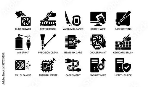 Computer maintenance icons: tools for cleaning, repair, and optimization