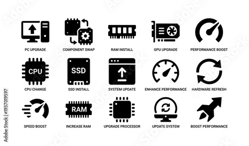 Computer upgrade and performance enhancement icons for system optimization