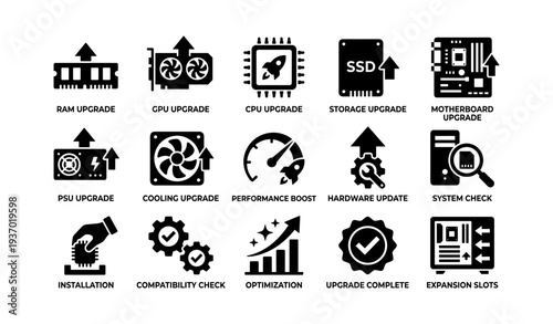 Hardware upgrade icons: ram, cpu, gpu, ssd, motherboard, cooling, performance boost