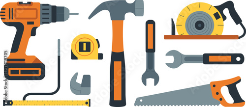 Flat design construction tools set with drill hammer saw wrench measuring tape and workshop equipment handyman toolkit illustration