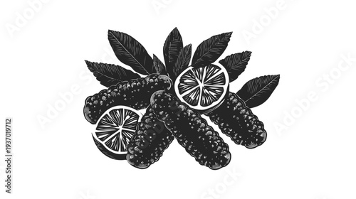 Stylized black and white illustration of citrus fruit, berries, and leaves