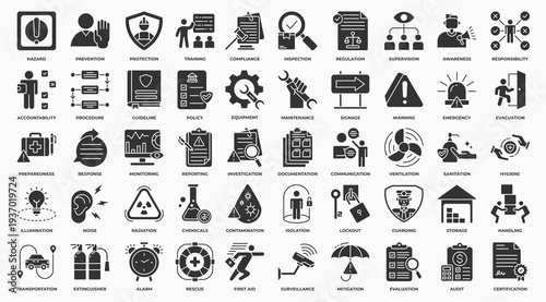 work safety icon set collection in solid glyph style. an icon pack contain safety, hazard, protection, first aid, danger, warning, training, regulation, prevention. Simple Vector Illustration.