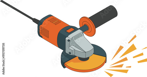 Isometric angle grinder power tool with cutting disc and sparks, industrial metal grinding equipment illustration for construction workshop