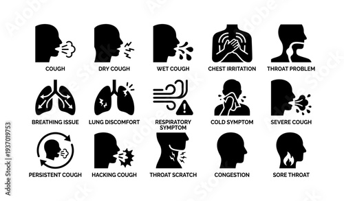 Respiratory symptoms icons: cough, chest irritation, throat issues, breathing trouble, cold symptoms