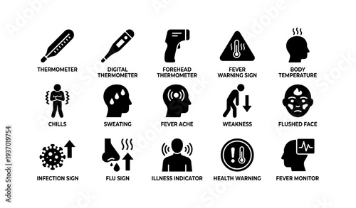 Fever and illness icons: thermometer, warning signs, symptoms, and indicators