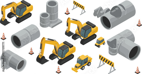Isometric construction machinery and pipeline infrastructure set with excavators concrete pipes road barriers and traffic cones illustration