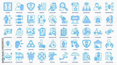work safety icon set collection in blue line style. an icon pack contain safety, hazard, protection, first aid, danger, warning, training, regulation, prevention. Simple Vector Illustration.