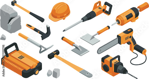 Isometric construction tools and equipment set with drill chainsaw hammer trowel jackhammer safety helmet and building tools illustration